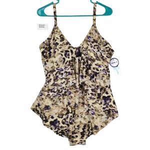 Swimsuits For All Beige and Purple Print One-Piece Swimsuit